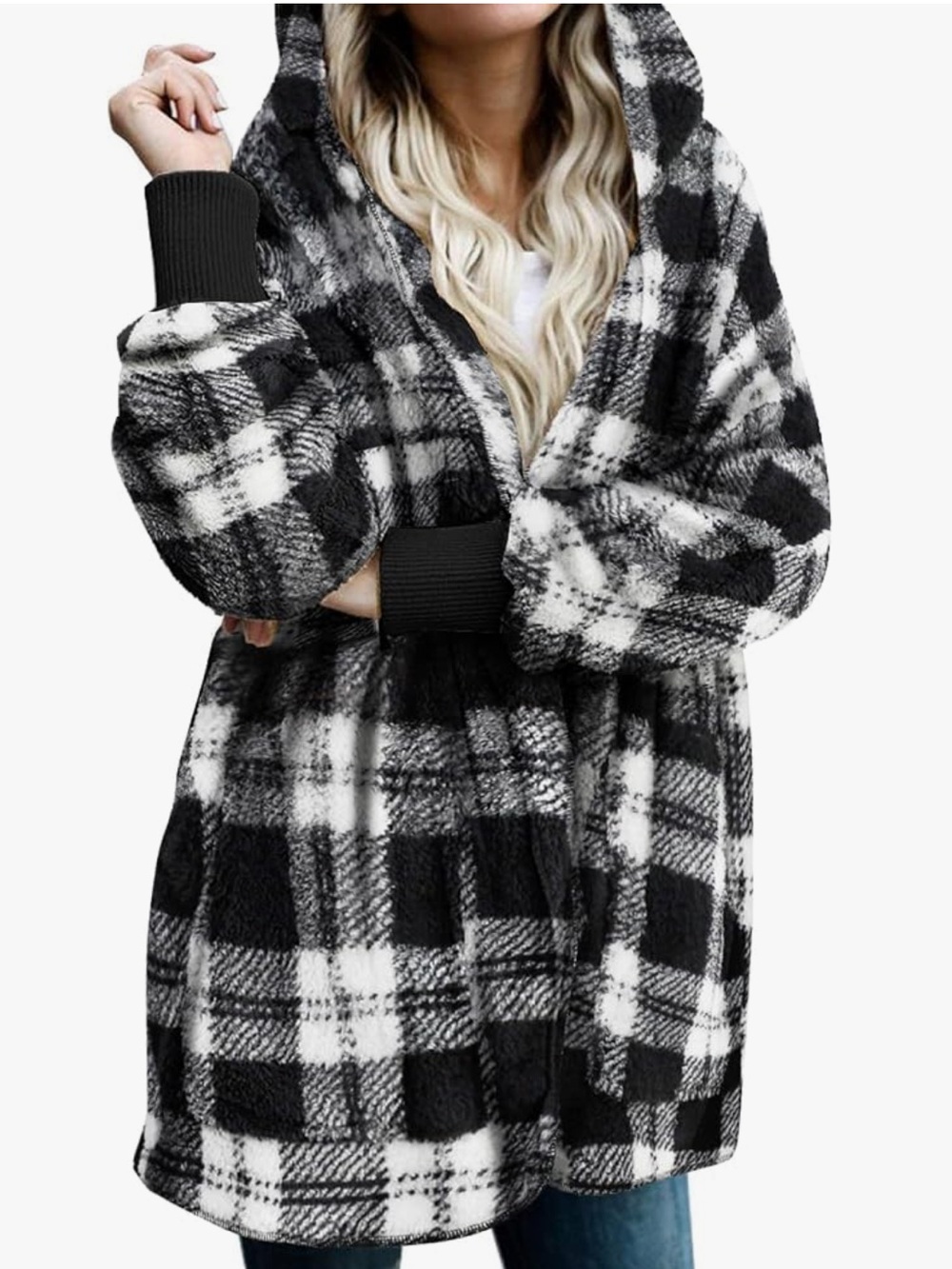 Black & White Plaid Hooded Women's Sweater Jacket - Picture 1 of 2